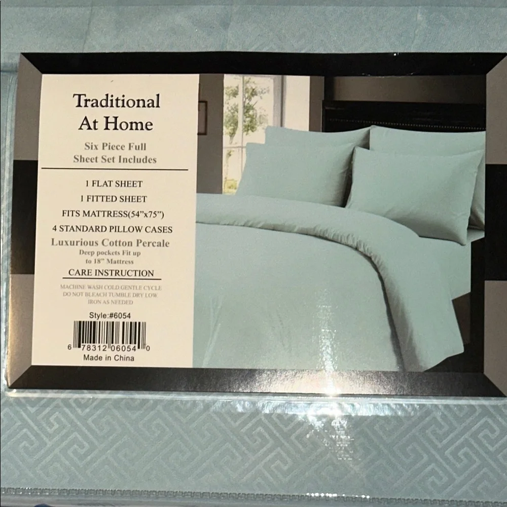 Traditional At Home Full 6pc Sheet Set Baby Blue Embossed Greek Key Print